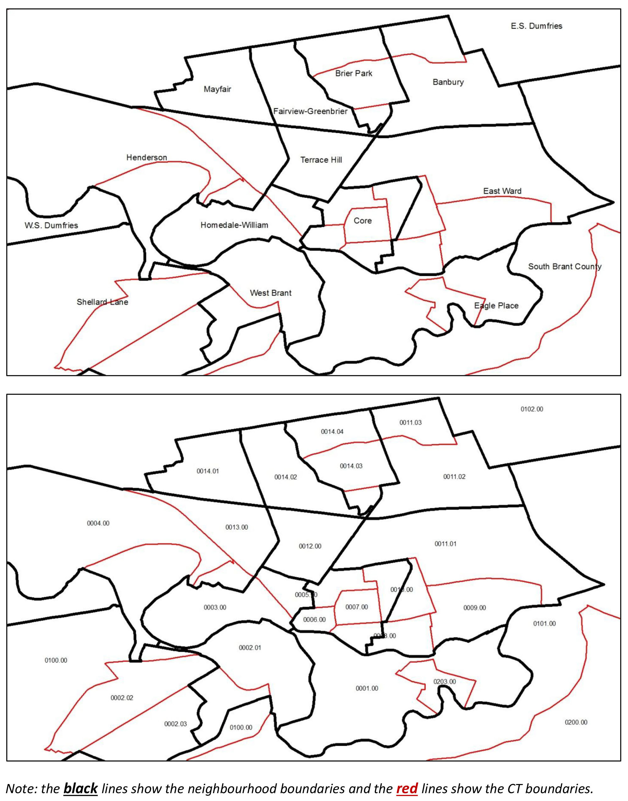 Map showing City of Brantford neighbourhoods and census tracts boundaries